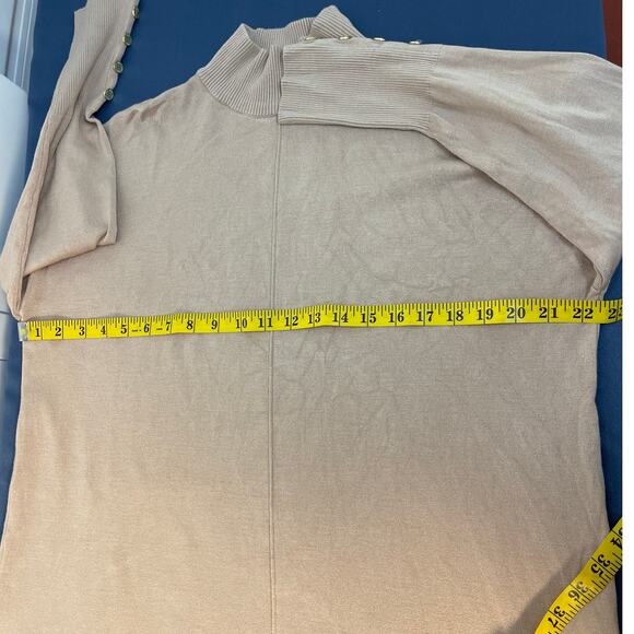 Anne Klein Tan Mock Neck Sweater Gold Button Detail Side Slits Large - Picture 7 of 10